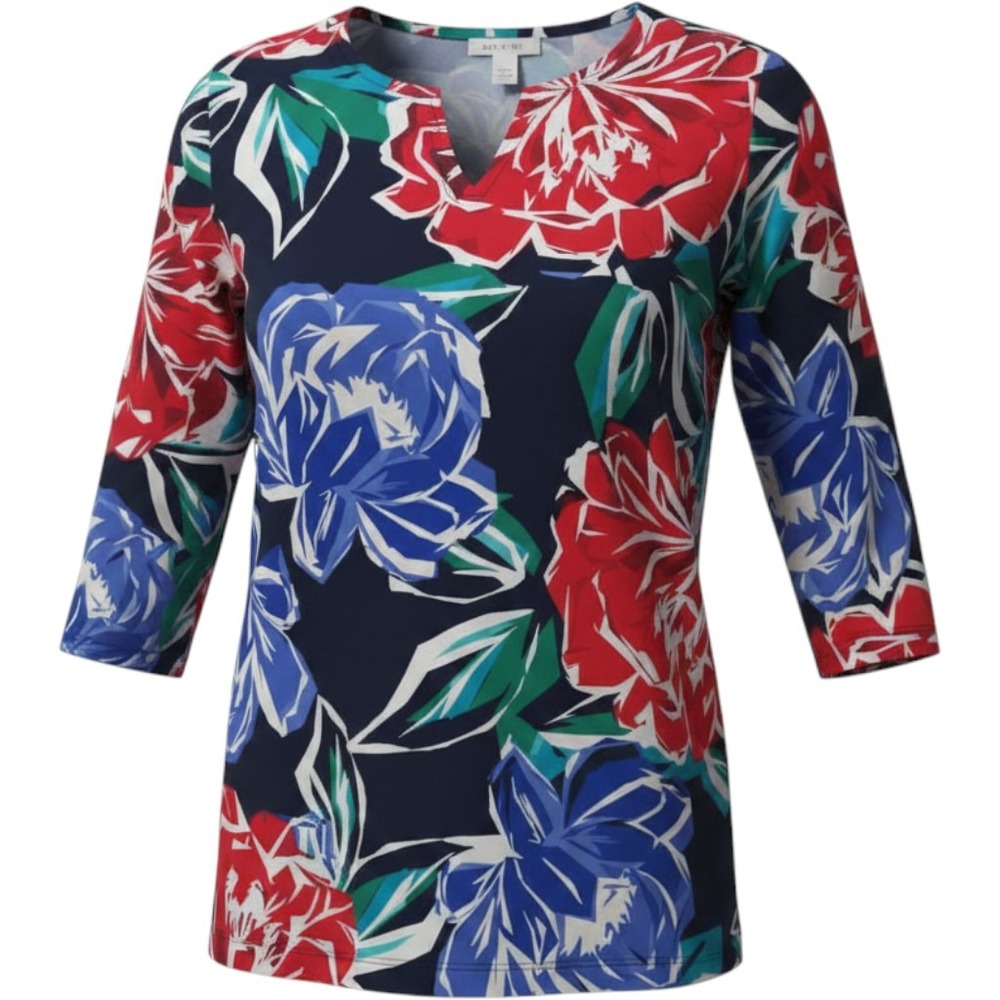 Alfred Dunner Women's Medium Floral 3/4 Sleeve Split Neck Rhinestone Top Navy